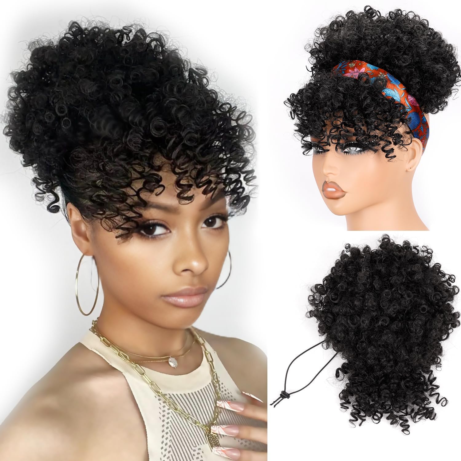 Rabo de Cavalo Curto com Franj - Drawstring Afro Curly Puff Ponytail avaliação e preço
